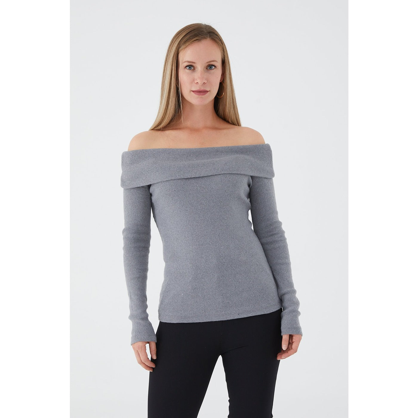 Dark Grey Plunging Collar Corduroy Blouse | Montivo Pakistan