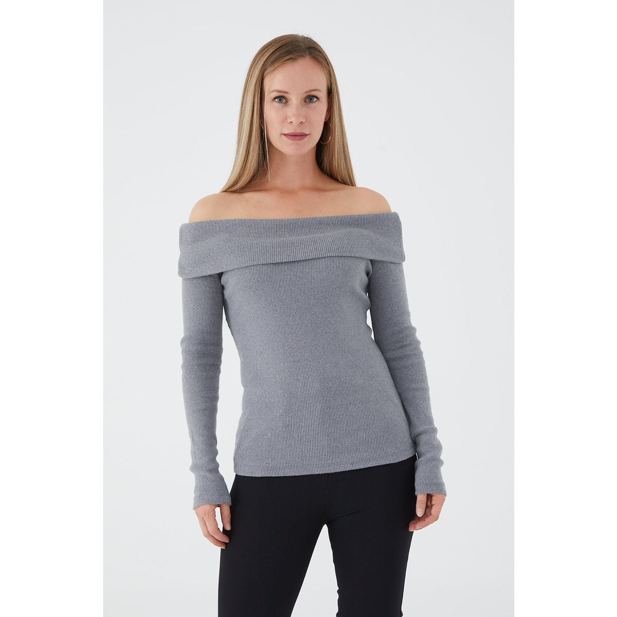 Dark Grey Plunging Collar Corduroy Blouse | Montivo Pakistan