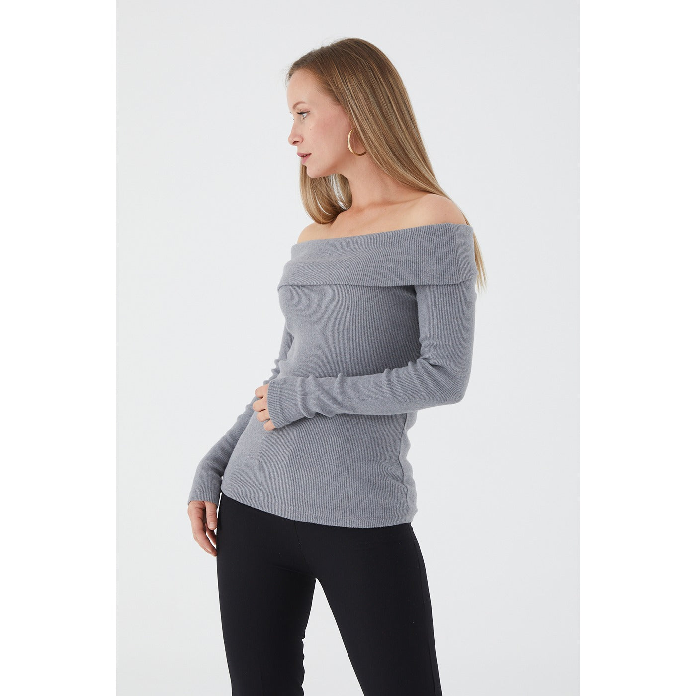 Dark Grey Plunging Collar Corduroy Blouse | Montivo Pakistan