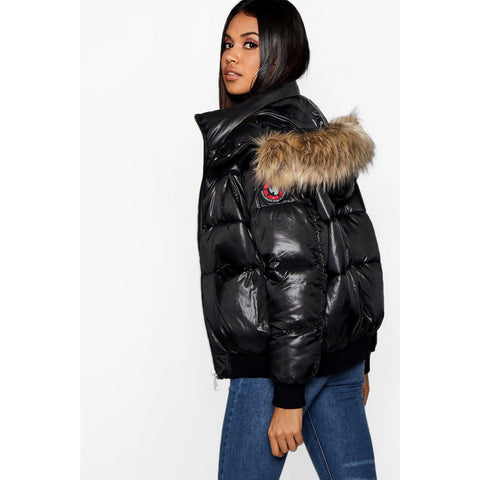 Black Hooded Fur Faux Puffer Jacket | Montivo Pakistan