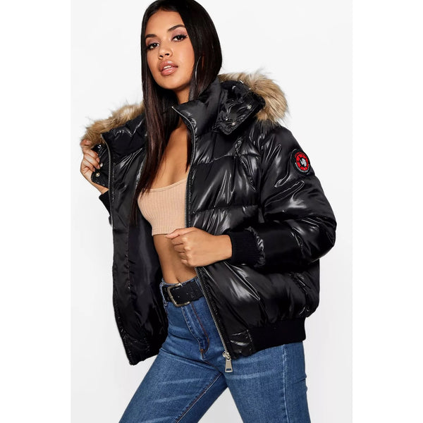 Black Hooded Fur Faux Puffer Jacket | Montivo Pakistan