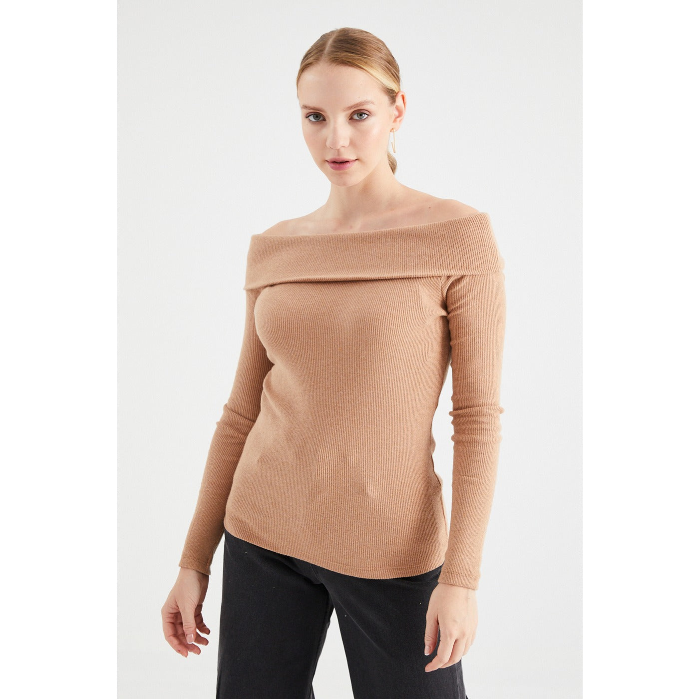 Beige Plunging Collar Corduroy Blouse | Montivo Pakistan