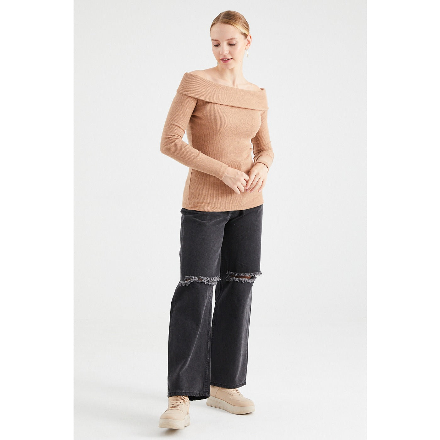 Beige Plunging Collar Corduroy Blouse | Montivo Pakistan
