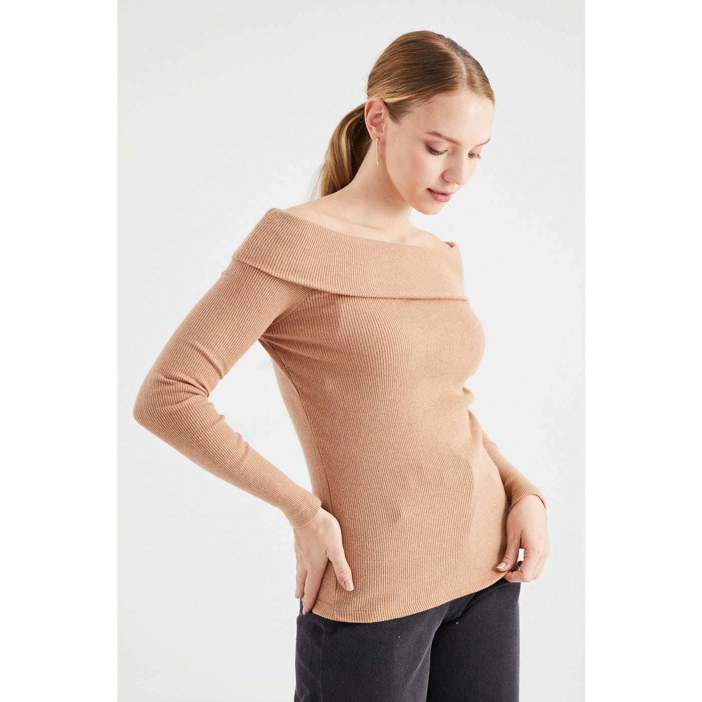 Beige Plunging Collar Corduroy Blouse | Montivo Pakistan