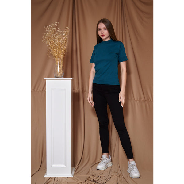 Teal Blue Melange Mock Neck Half Sleeves | Montivo Pakistan