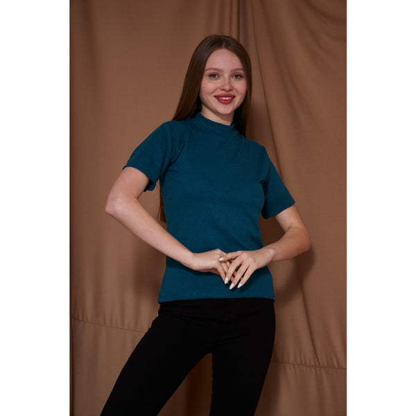 Teal Blue Melange Mock Neck Half Sleeves | Montivo Pakistan
