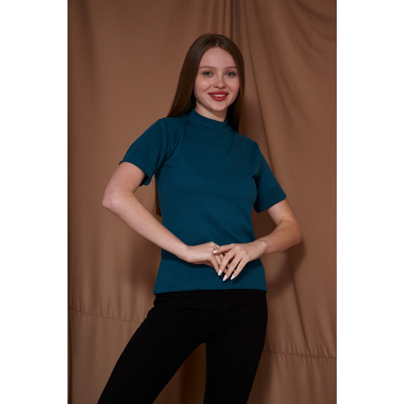 Teal Blue Melange Mock Neck Half Sleeves | Montivo Pakistan