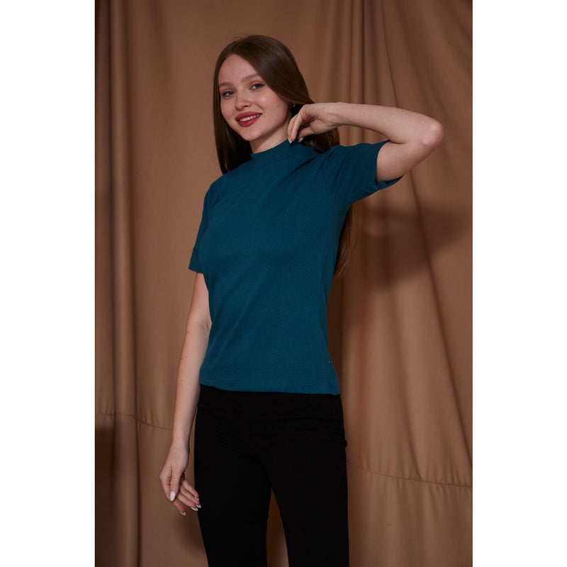 Teal Blue Melange Mock Neck Half Sleeves | Montivo Pakistan