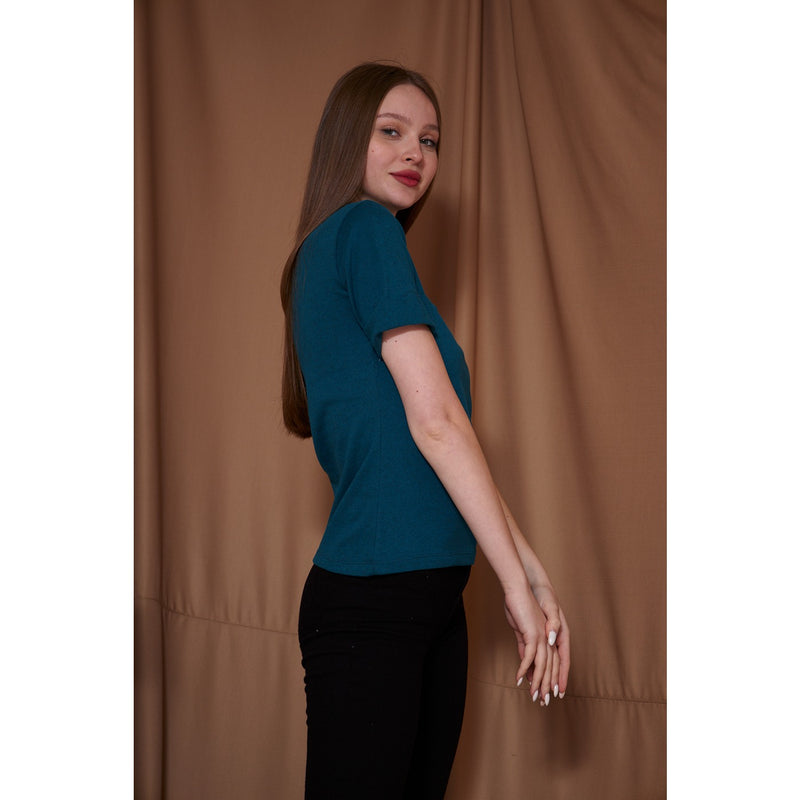 Teal Blue Melange Mock Neck Half Sleeves | Montivo Pakistan