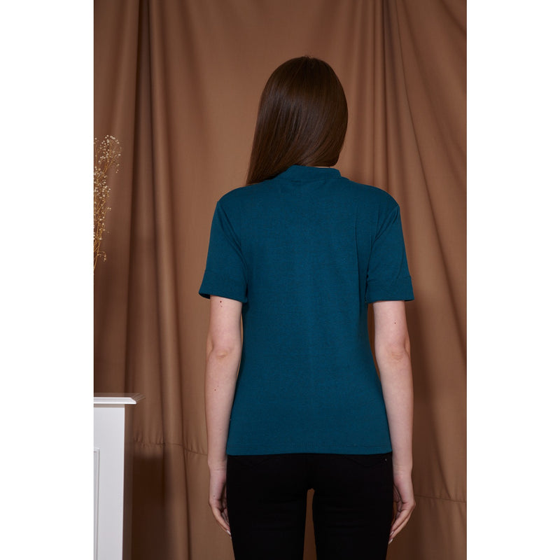Teal Blue Melange Mock Neck Half Sleeves | Montivo Pakistan