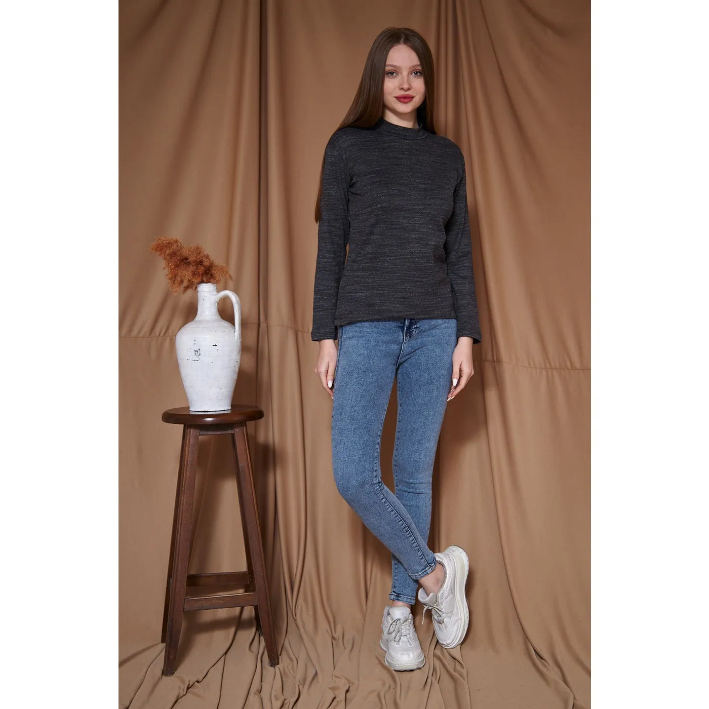 Black Melange Mock Neck Sweatshirt | Montivo Pakistan