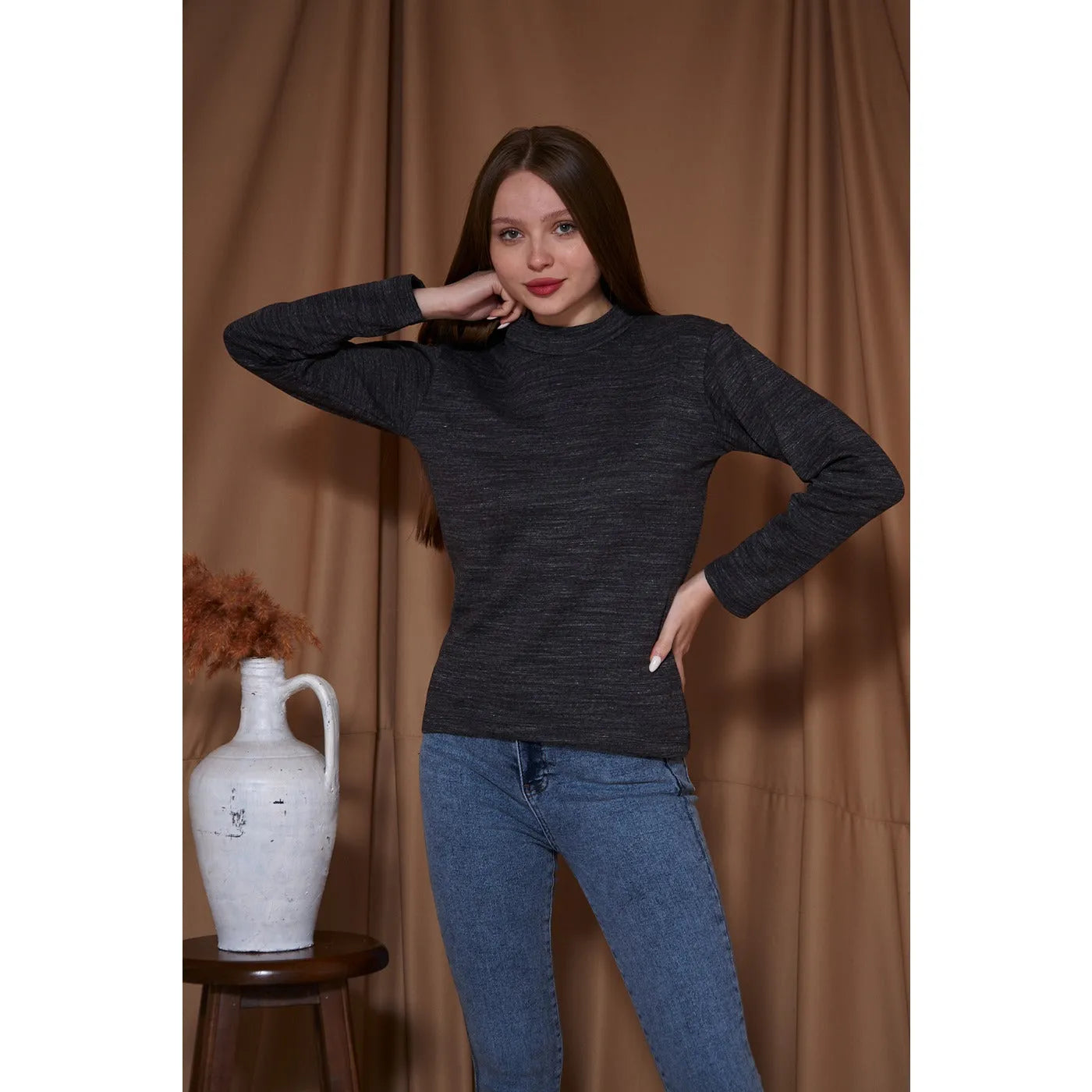 Black Melange Mock Neck Sweatshirt | Montivo Pakistan