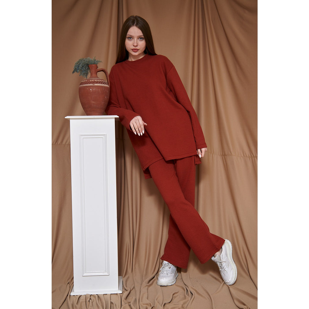 Red Ribbed Oversized Co-Ord Set | Montivo Pakistan