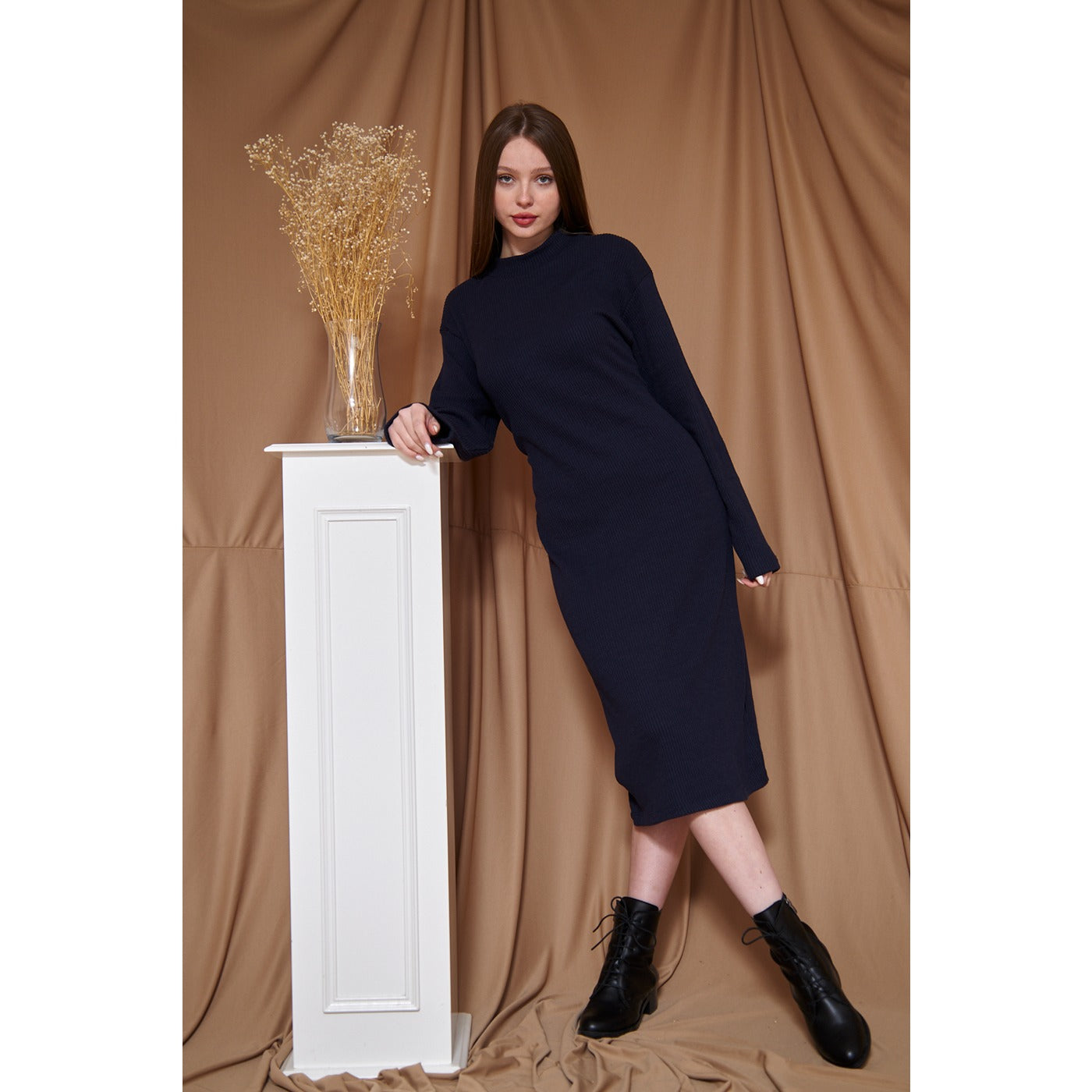 Navy Ribbed Long Dress | Montivo Pakistan