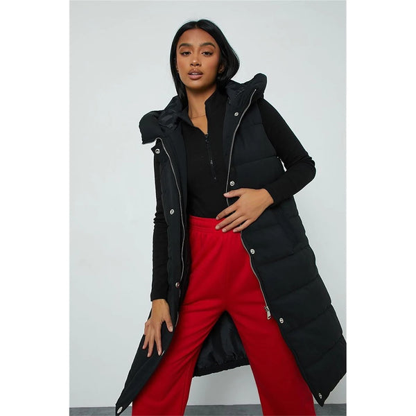 Black Petite Longline Padded Hooded Gilet | Montivo Pakistan