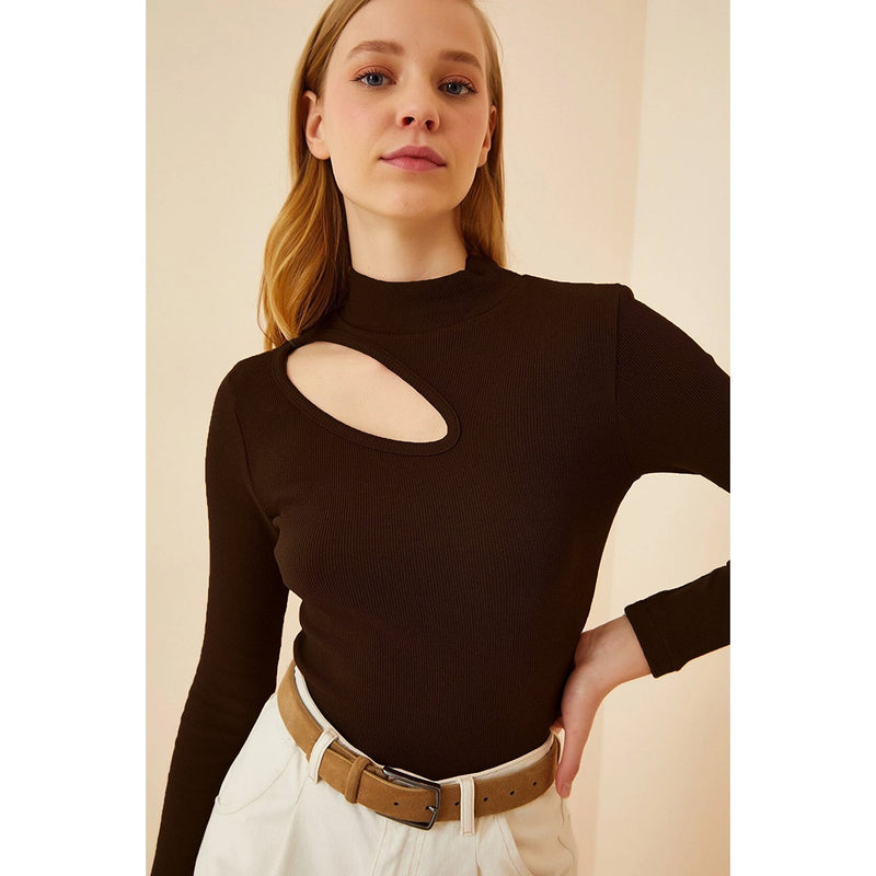 Brown Cut Out Detailed Ribbed Knitted Blouse | Montivo Pakistan