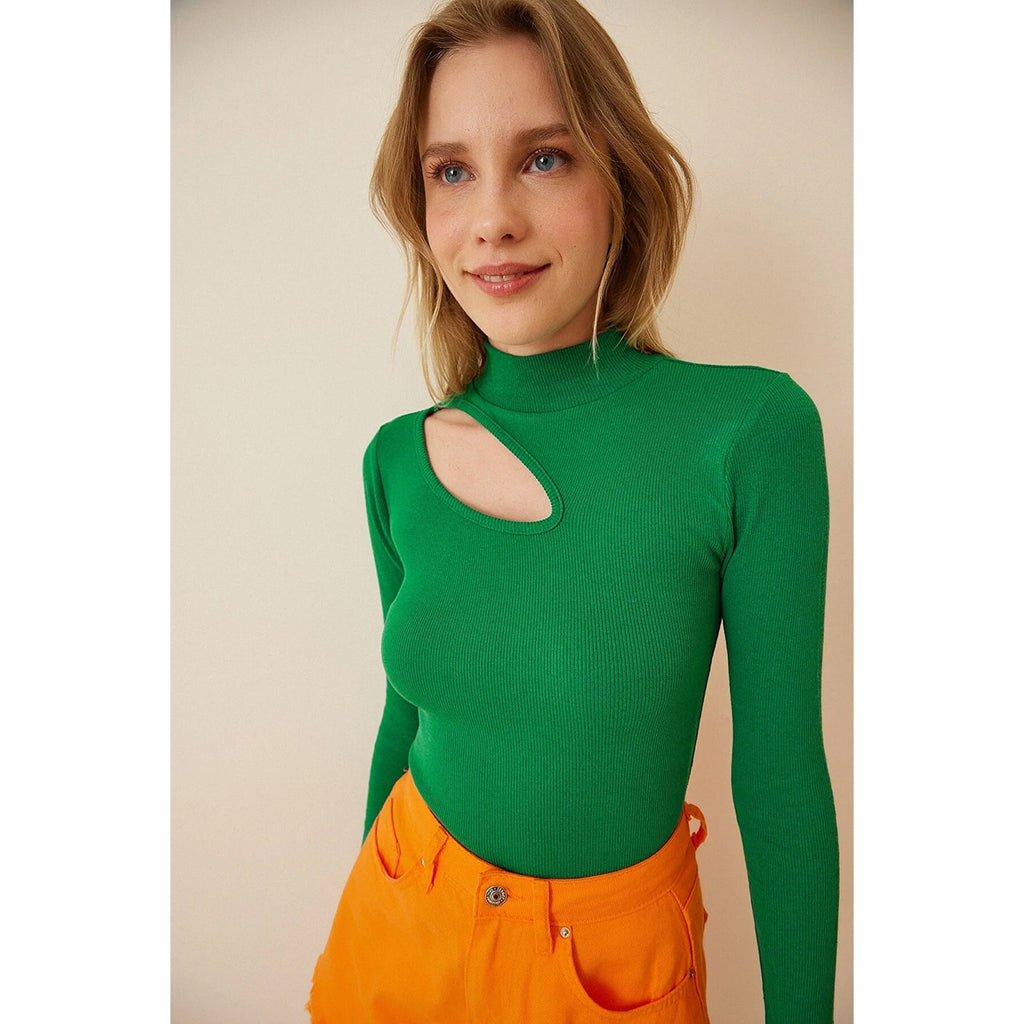 Green Cut Out Detailed Ribbed Knitted Blouse | Montivo Pakistan