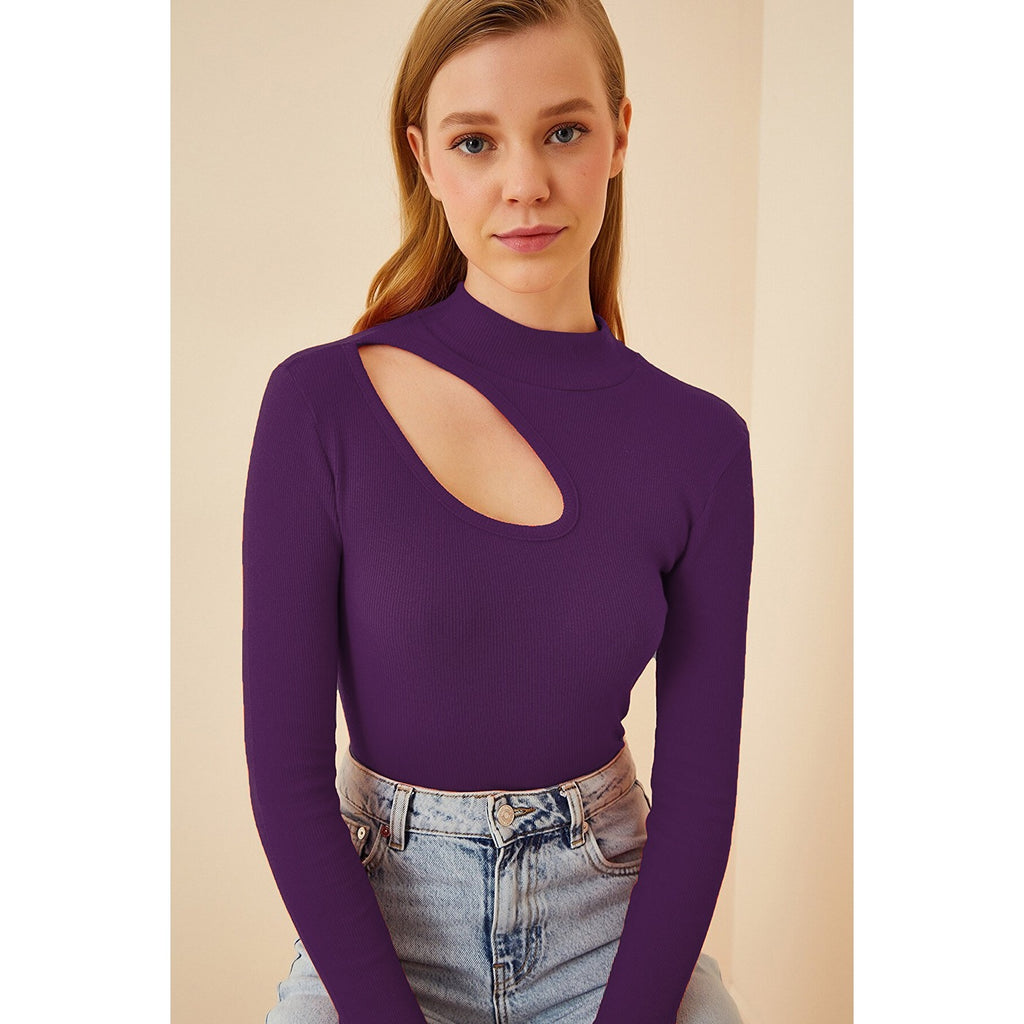 Purple Cut Out Detailed Ribbed Knitted Blouse | Montivo Pakistan