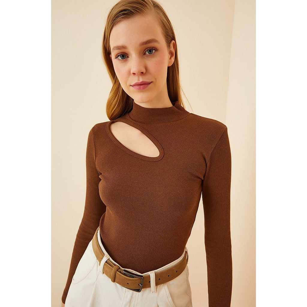 Light Brown Cut Out Detailed Ribbed Knitted Blouse | Montivo Pakistan