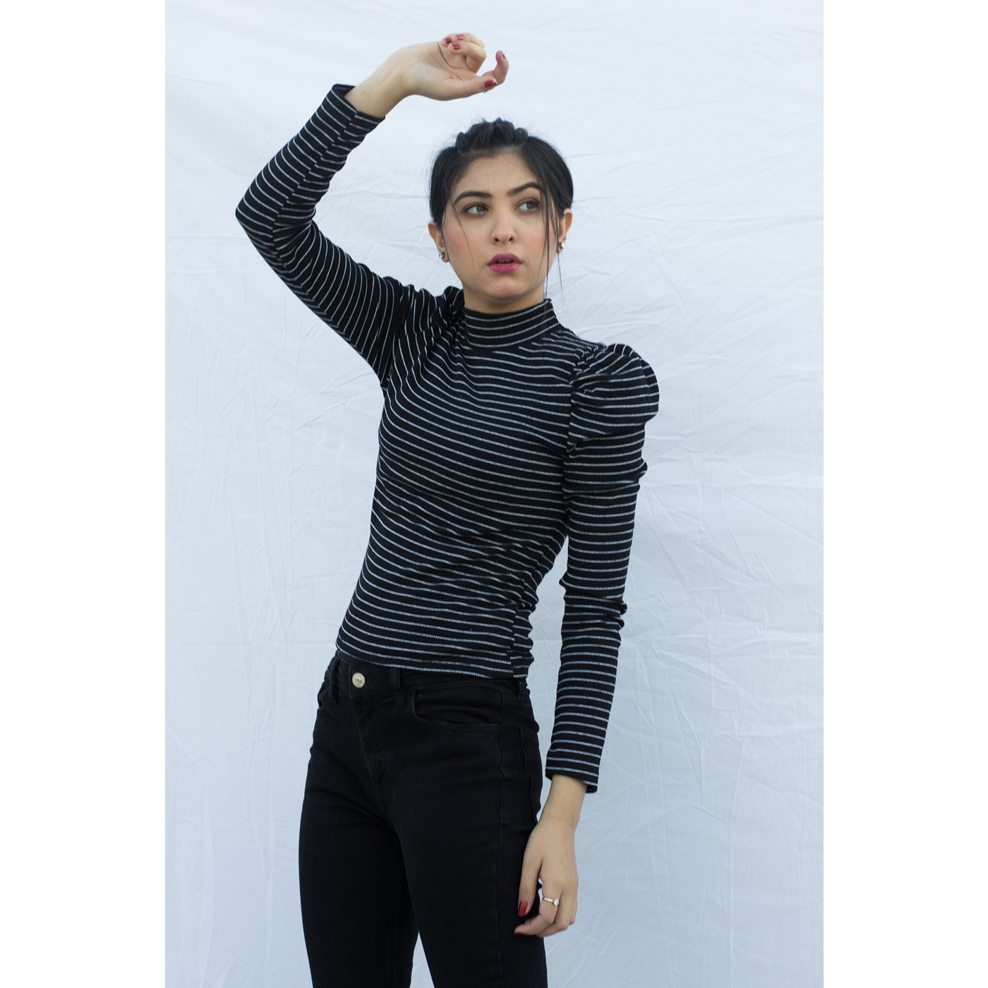 Black Stripes Puff Shoulder Turtleneck Top | Montivo Pakistan