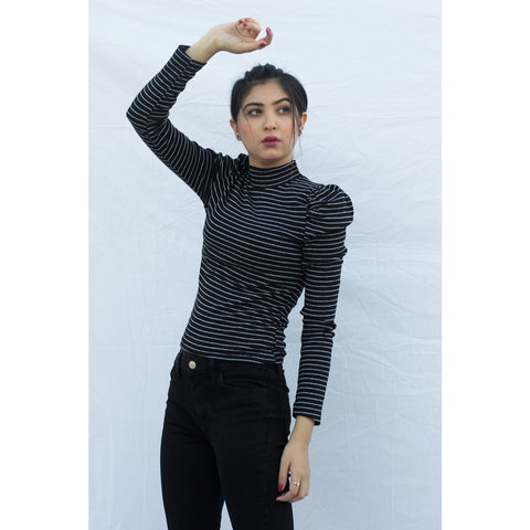 Black Stripes Puff Shoulder Turtleneck Top | Montivo Pakistan