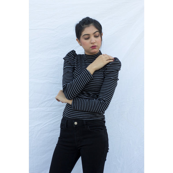 Black Stripes Puff Shoulder Turtleneck Top | Montivo Pakistan