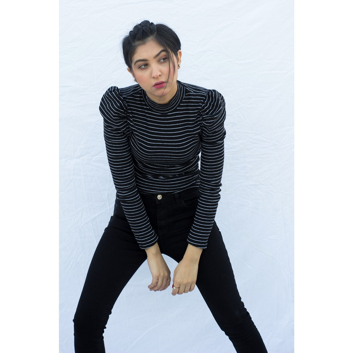 Black Stripes Puff Shoulder Turtleneck Top | Montivo Pakistan