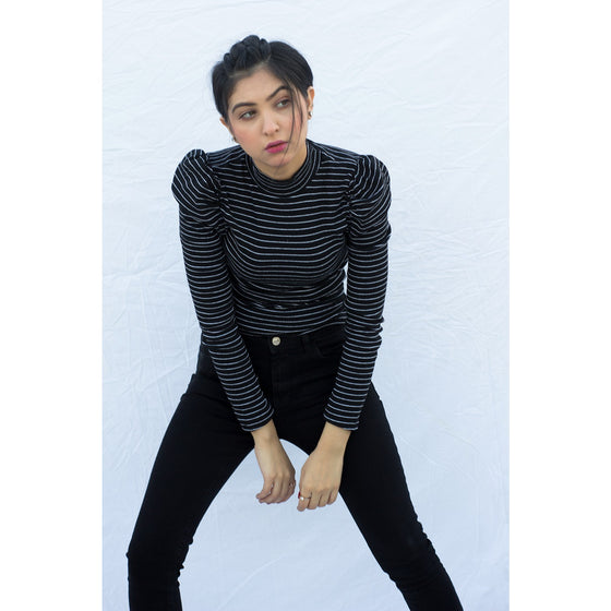 Black Stripes Puff Shoulder Turtleneck Top | Montivo Pakistan