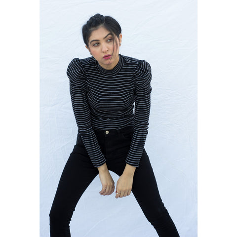 Black Stripes Puff Shoulder Turtleneck Top | Montivo Pakistan