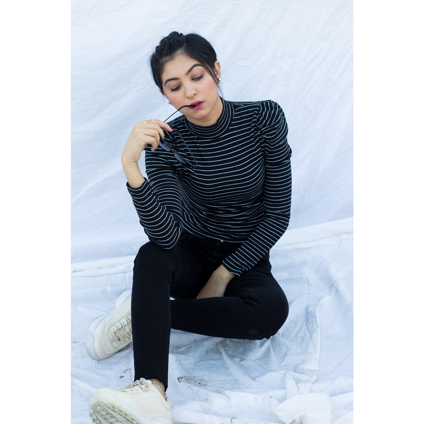 Black Stripes Puff Shoulder Turtleneck Top | Montivo Pakistan
