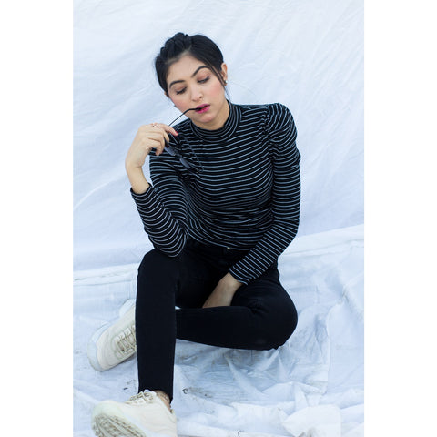 Black Stripes Puff Shoulder Turtleneck Top | Montivo Pakistan