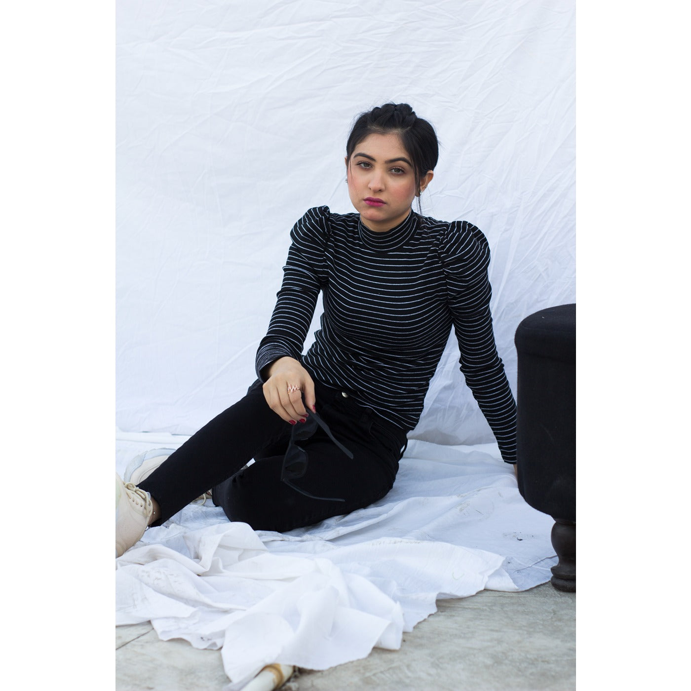 Black Stripes Puff Shoulder Turtleneck Top | Montivo Pakistan