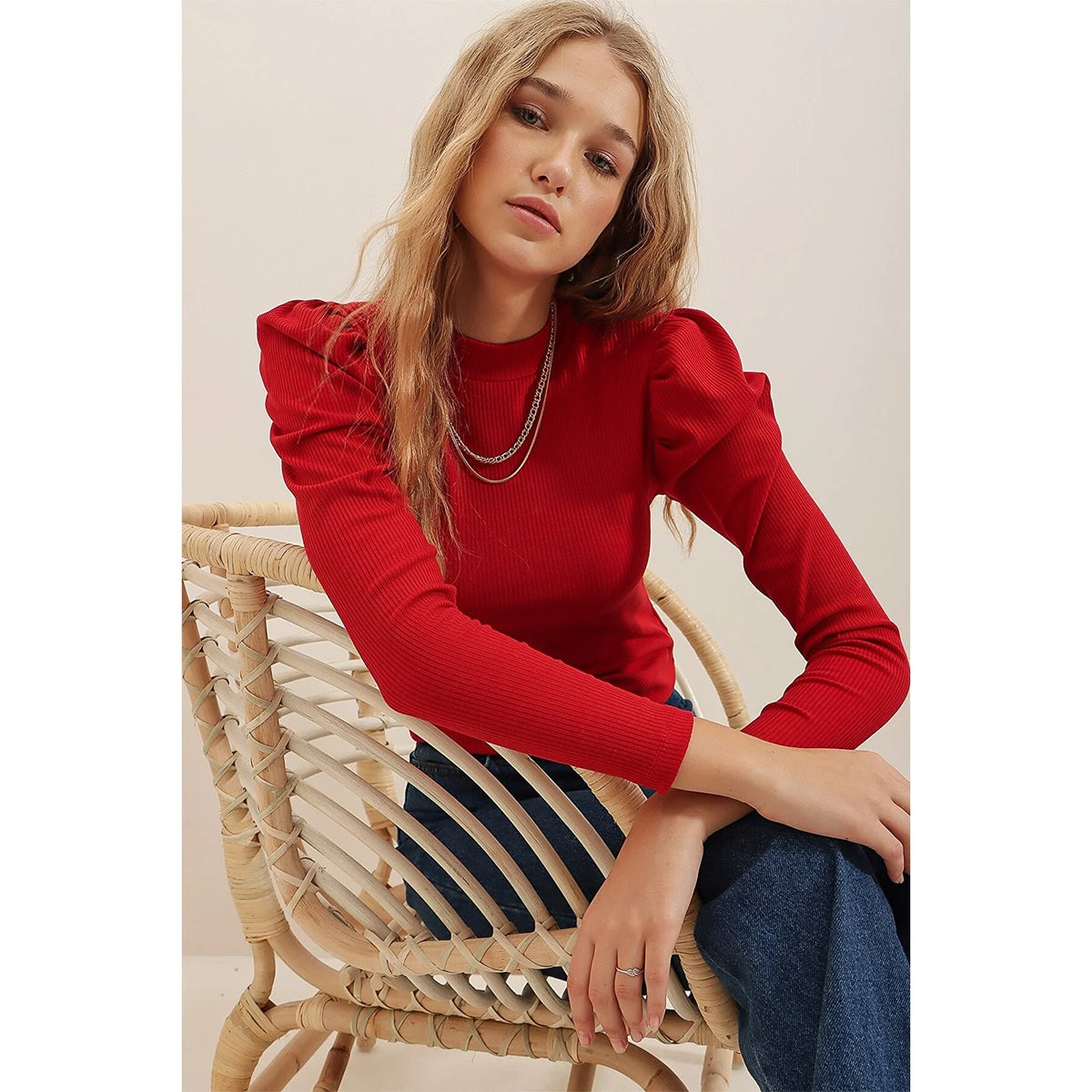 Red Puff Shoulder Turtleneck Top | Montivo Pakistan