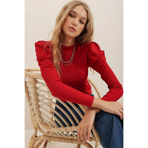 Red Puff Shoulder Turtleneck Top | Montivo Pakistan