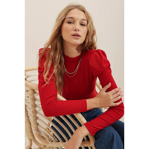 Red Puff Shoulder Turtleneck Top | Montivo Pakistan