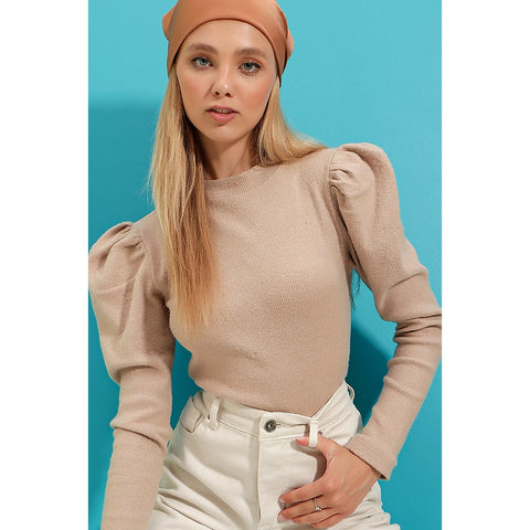 Beige Puff Shoulder Turtleneck Top | Montivo Pakistan
