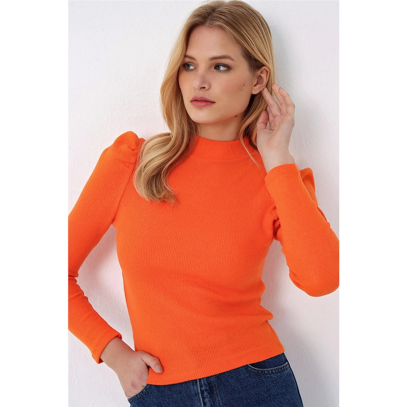 Orange Puff Shoulder Turtleneck Top | Montivo Pakistan