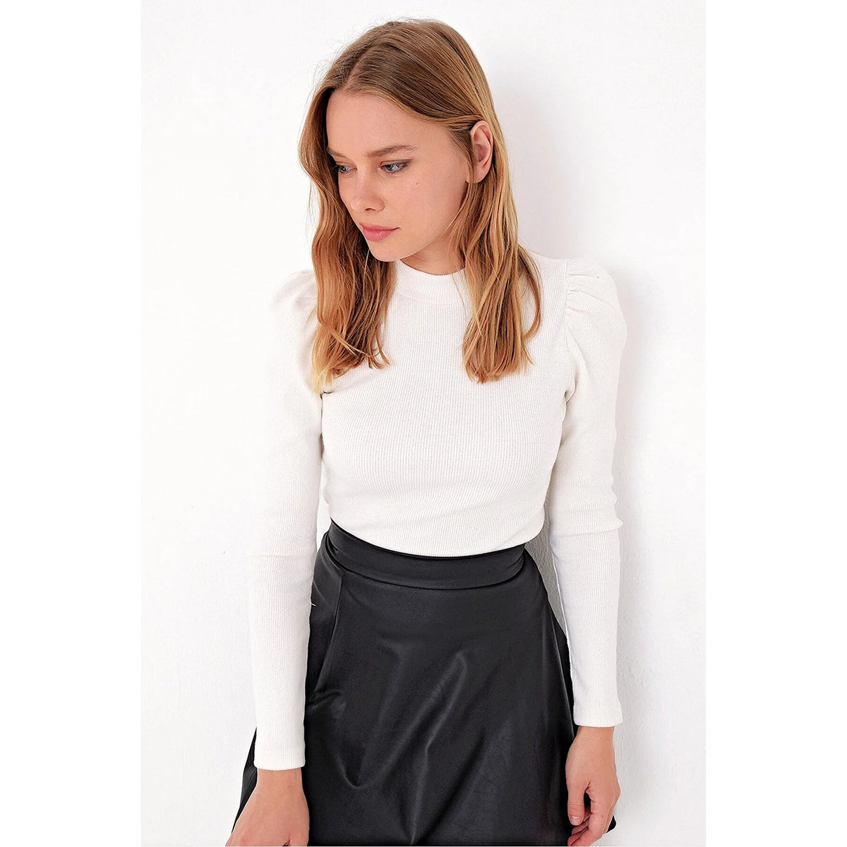 White Puff Shoulder Turtleneck Top | Montivo Pakistan
