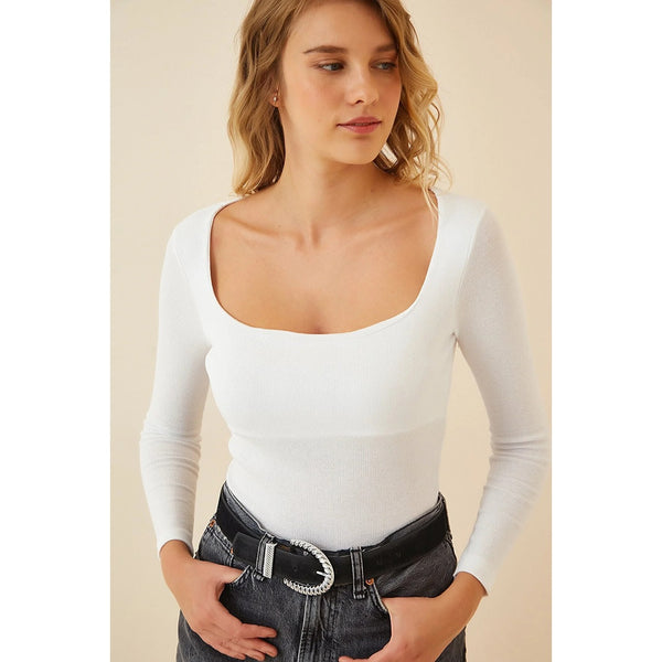 White Square Collar Corduroy Knitted Blouse | Montivo Pakistan