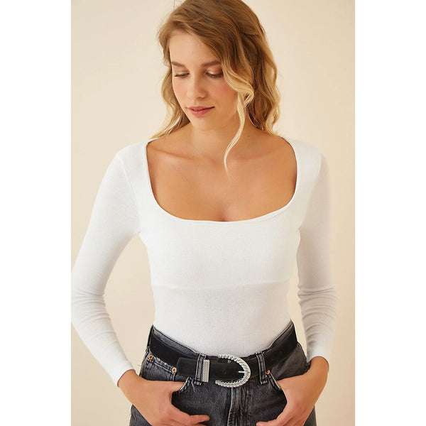 White Square Collar Corduroy Knitted Blouse | Montivo Pakistan