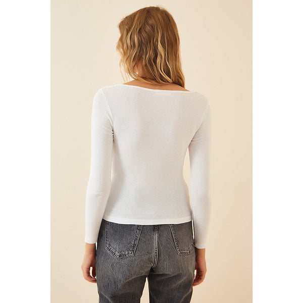 White Square Collar Corduroy Knitted Blouse | Montivo Pakistan