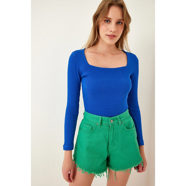 Royal Blue Square Collar Corduroy Knitted Blouse | Montivo Pakistan