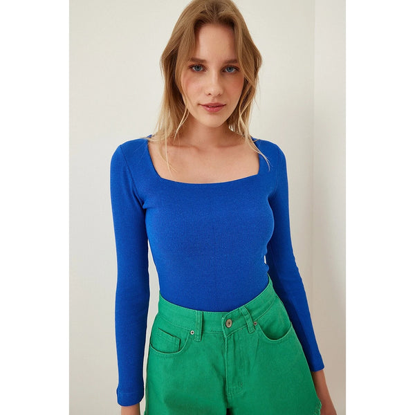 Royal Blue Square Collar Corduroy Knitted Blouse | Montivo Pakistan