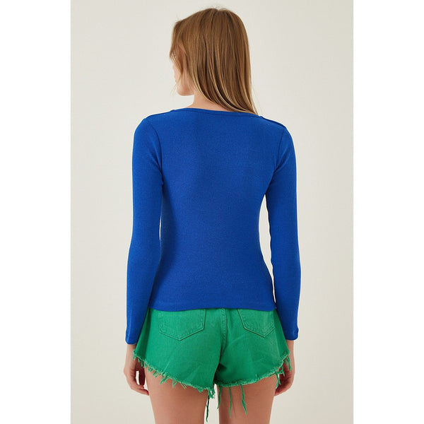 Royal Blue Square Collar Corduroy Knitted Blouse | Montivo Pakistan