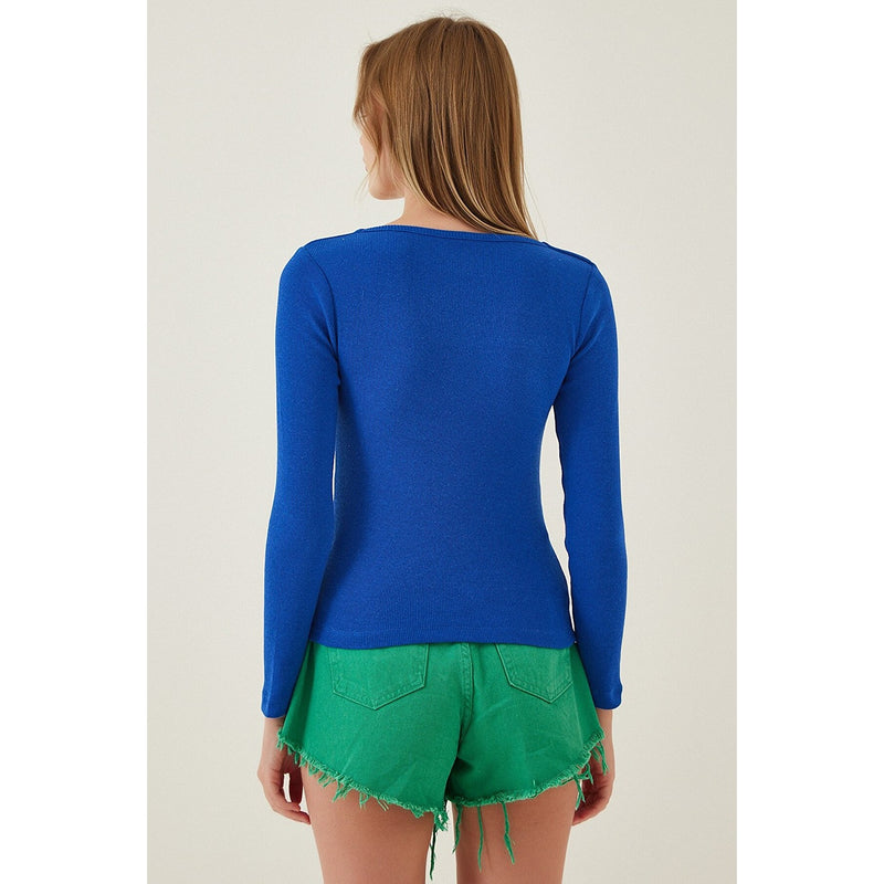 Royal Blue Square Collar Corduroy Knitted Blouse | Montivo Pakistan
