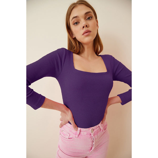 Purple Square Collar Corduroy Knitted Blouse | Montivo Pakistan