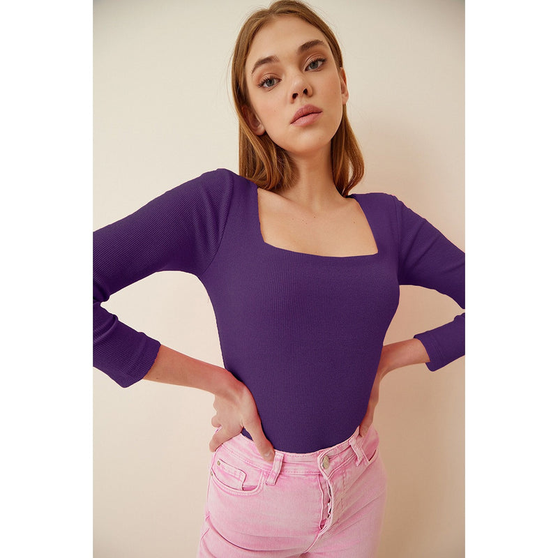 Purple Square Collar Corduroy Knitted Blouse | Montivo Pakistan