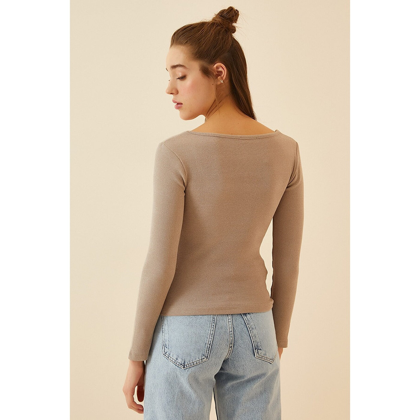 Light Beige Square Collar Corduroy Knitted Blouse | Montivo Pakistan