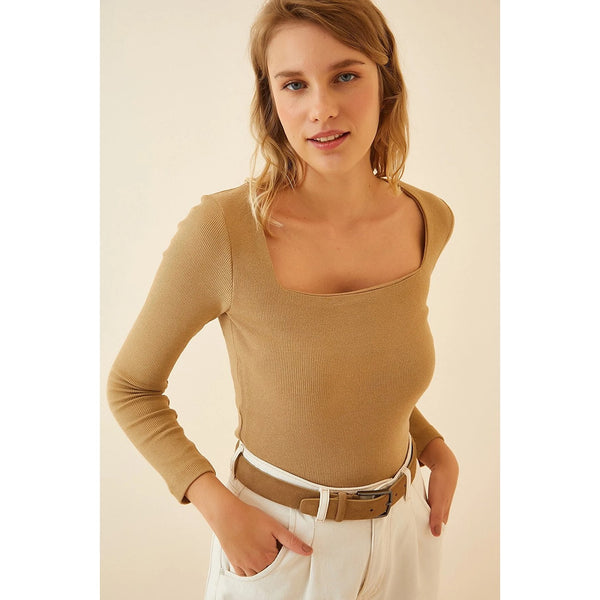 Beige Square Collar Corduroy Knitted Blouse | Montivo Pakistan