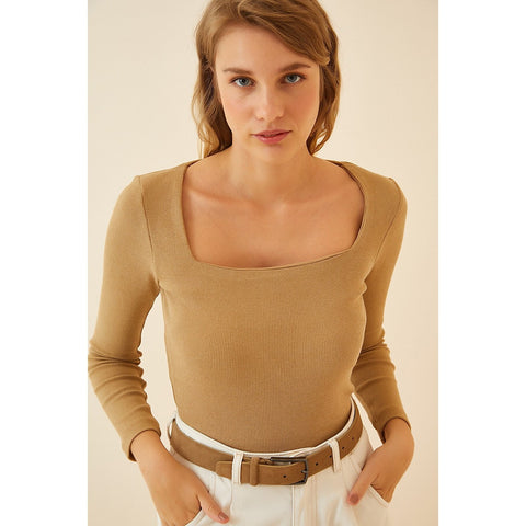 Beige Square Collar Corduroy Knitted Blouse | Montivo Pakistan